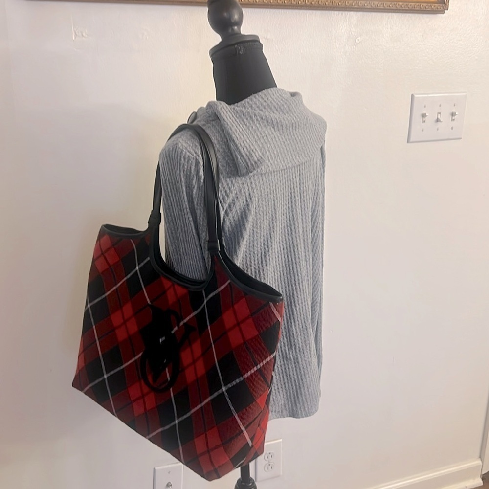 Victoria's Secret Plaid Flannel Red and Black Tote with Large Embroidered Logo - Picture 3 of 8